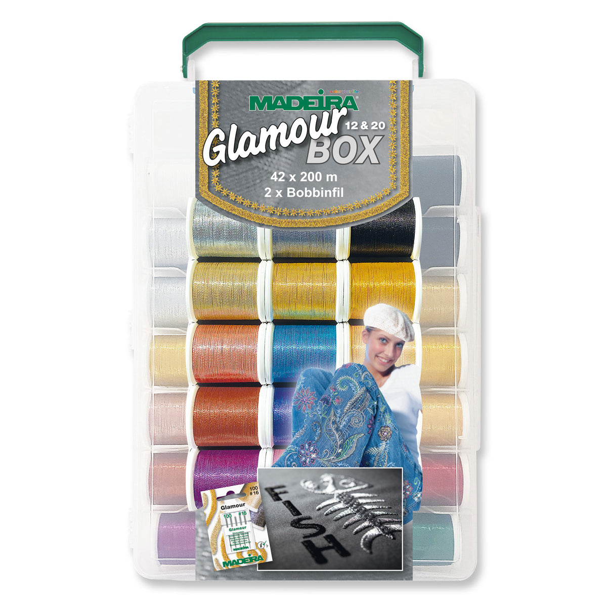 Madeira Softbox of Glamour metallic embroidery thread spools