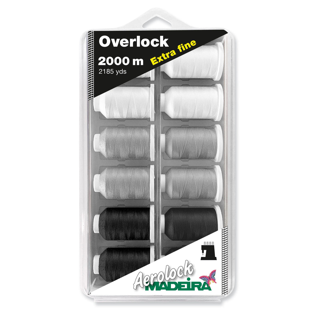 Box of Madeira Aerolock Miniking spools in black, grey and white