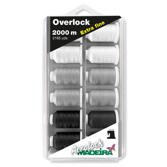 Box of Madeira Aerolock Miniking spools in black, grey and white