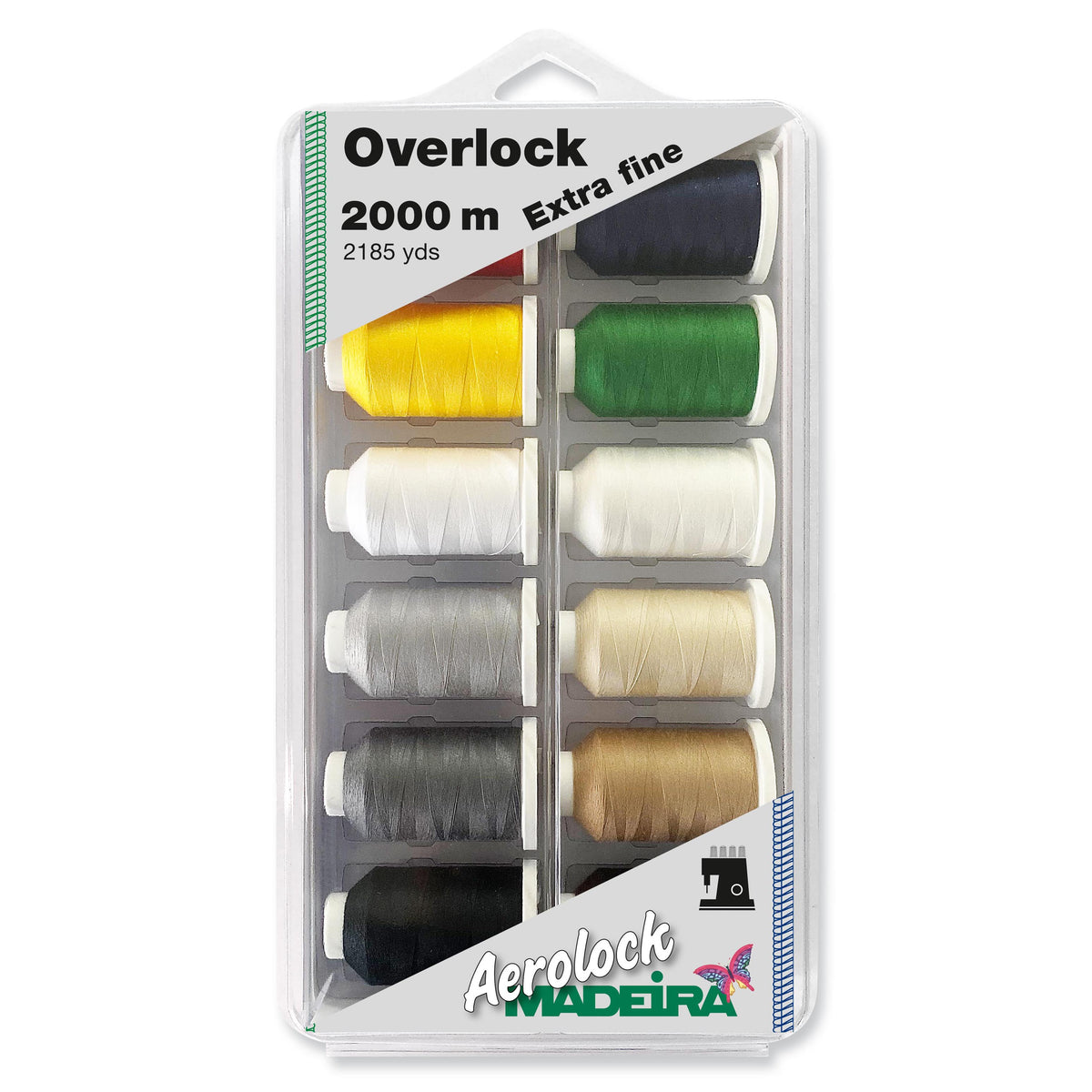 Box of Madeira Aerolock Miniking spools in assorted solid colours