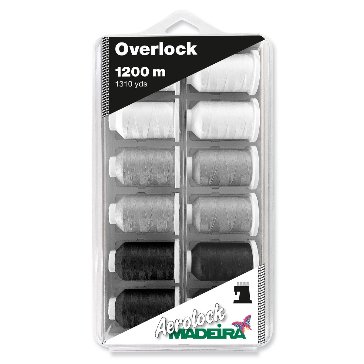 Box of Madeira Aerolock No.125 Miniking spools in black, grey and white