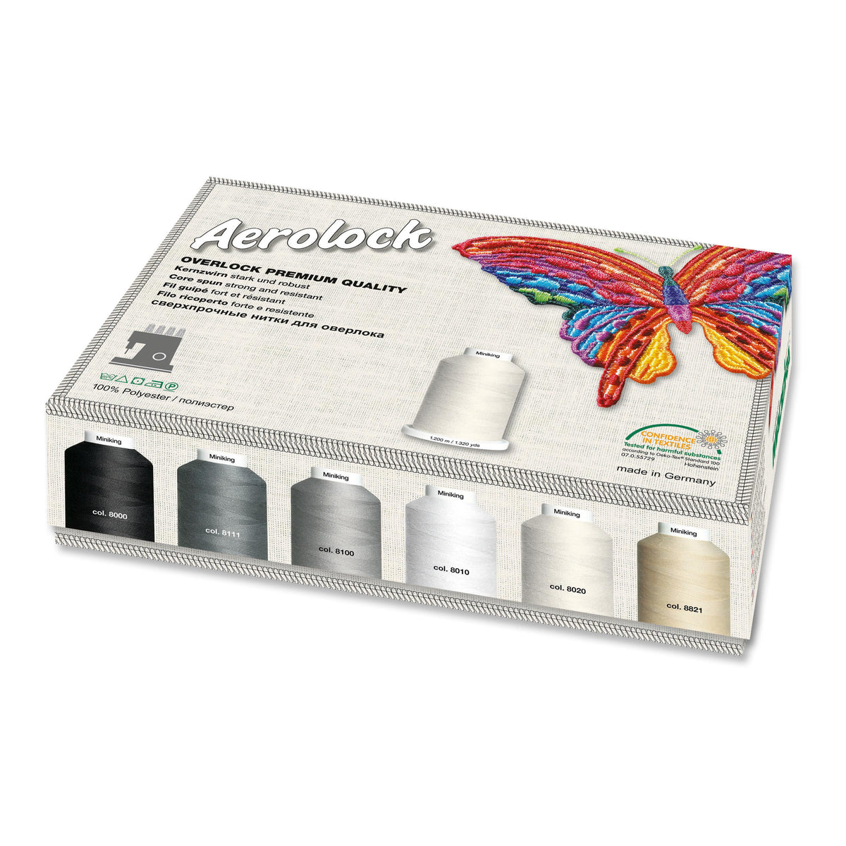 Box of Madeira Aerolock No.125 overlock thread spools in assorted shades