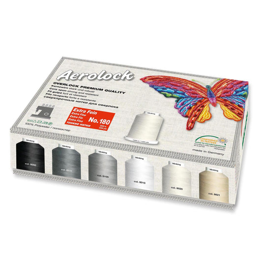 Box of Madeira Aerolock No.180 overlock thread spools in assorted shades