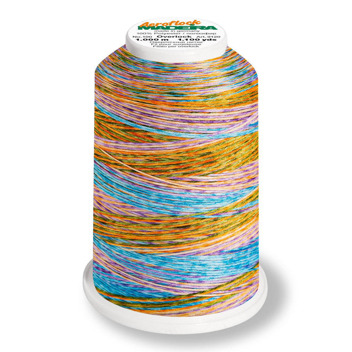 Madeira Aeroflock textured overlock thread on a mini king spool in opal