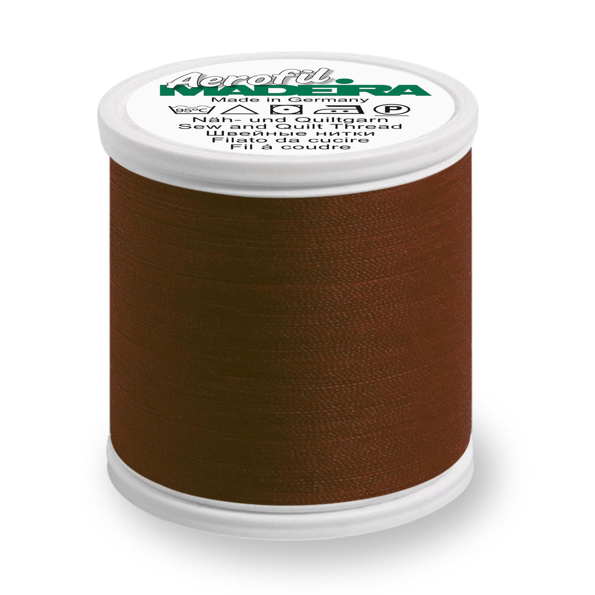 Spool of Madeira Aerofil sewing thread in brown