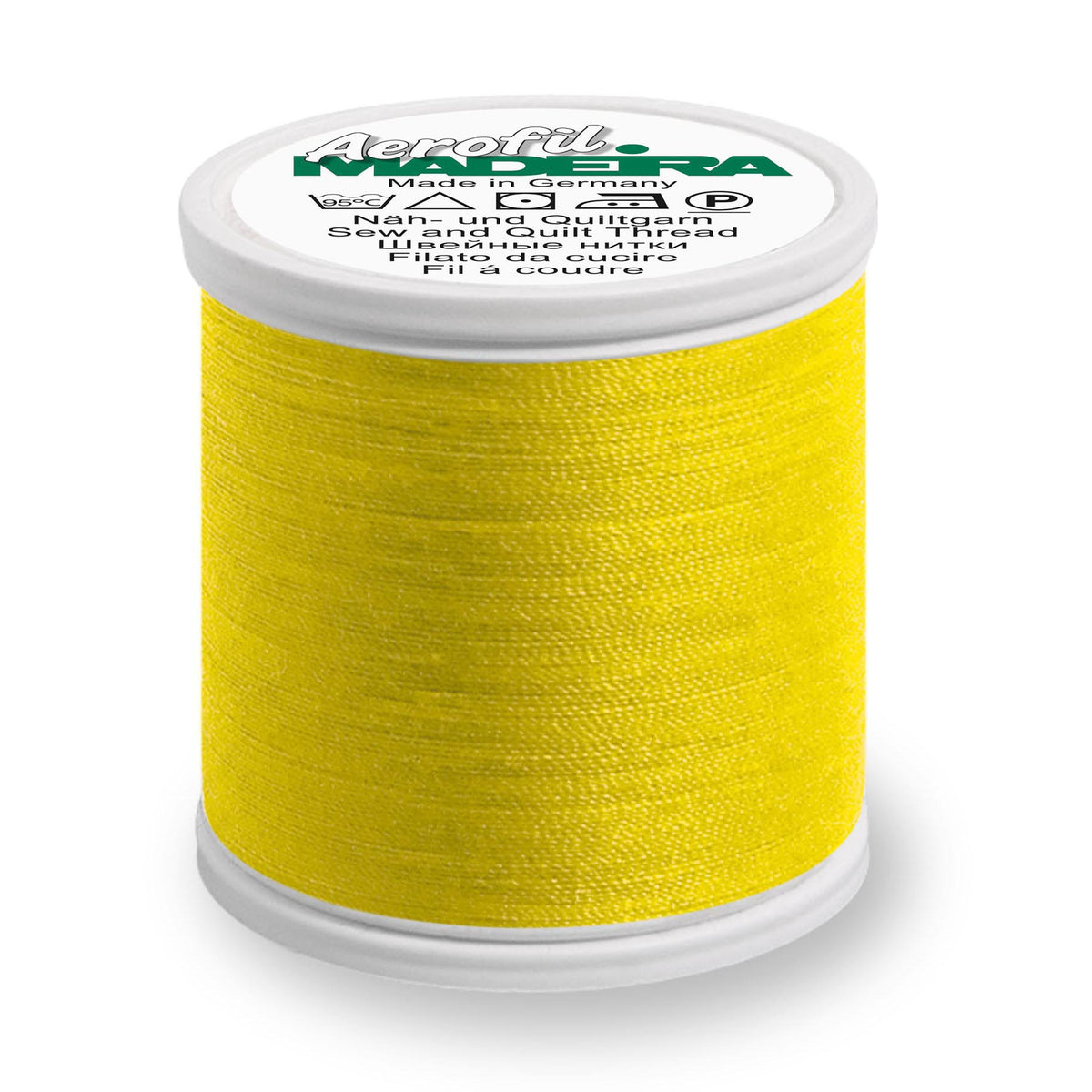 Spool of Madeira Aerofil sewing thread in amber