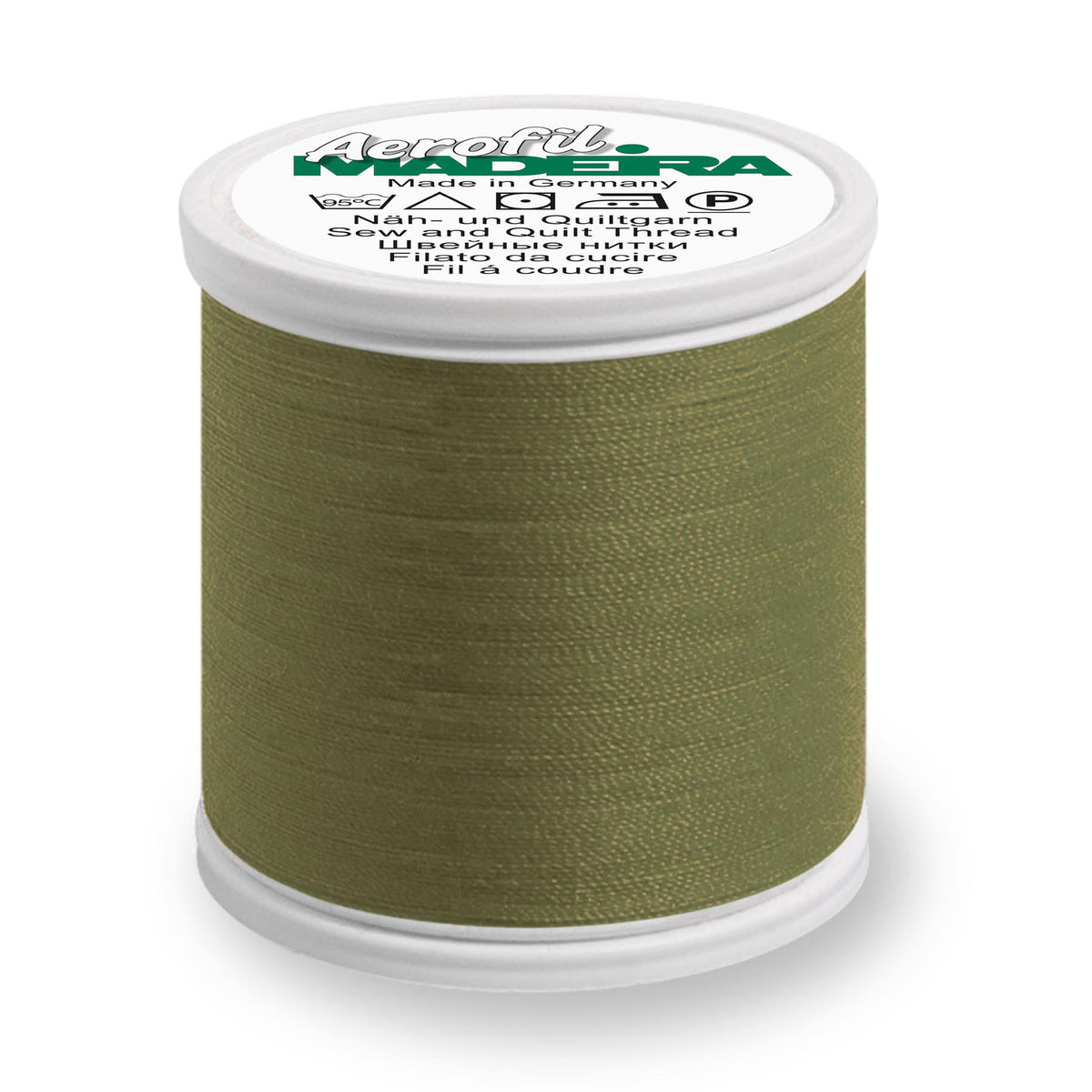 Spool of Madeira Aerofil sewing thread in crocodile green