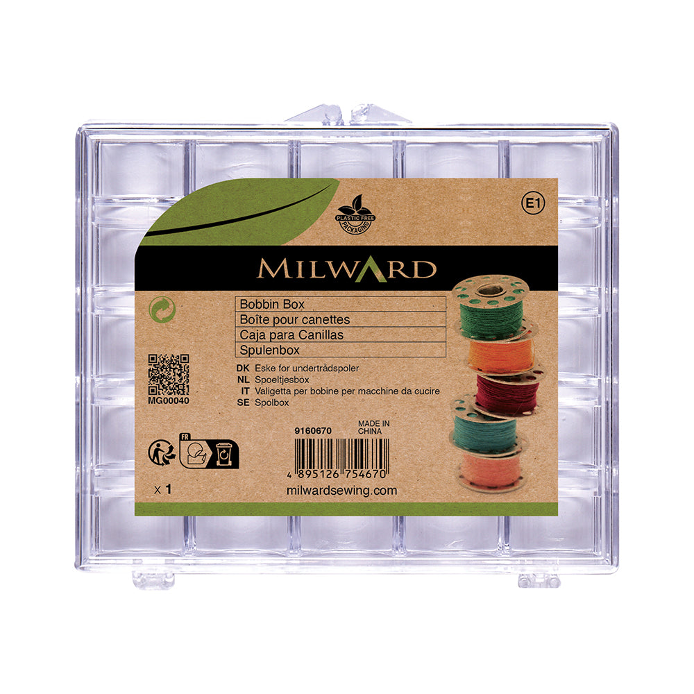Milward clear round plastic bobbin box for 25 bobbins