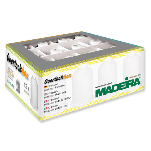 Box of Madeira Aerolock and Aeroflock overlock thread in black and white
