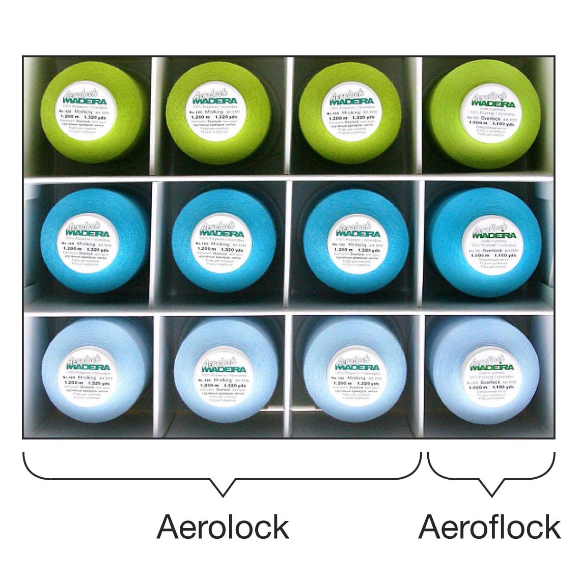 Box of Madeira Aerolock and Aeroflock overlock thread in apple green and blue