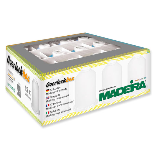 Box of Madeira Aerolock and Aeroflock overlock thread in apple green and blue