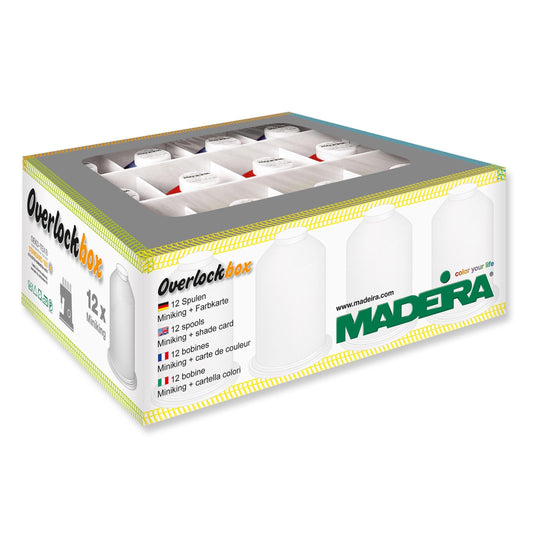 Box of Madeira Aerolock and Aeroflock overlock thread in navy and pink