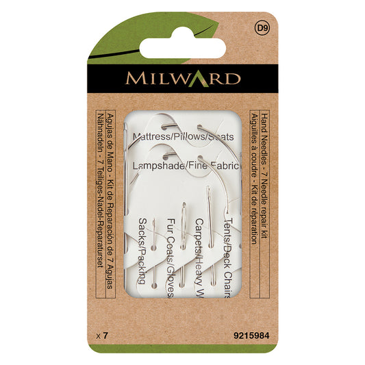 Set of seven Milward Green repair needles including curved needles