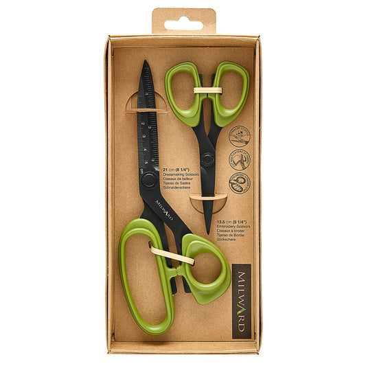 Milward gift box with green handled dressmaking and embroidery scissors