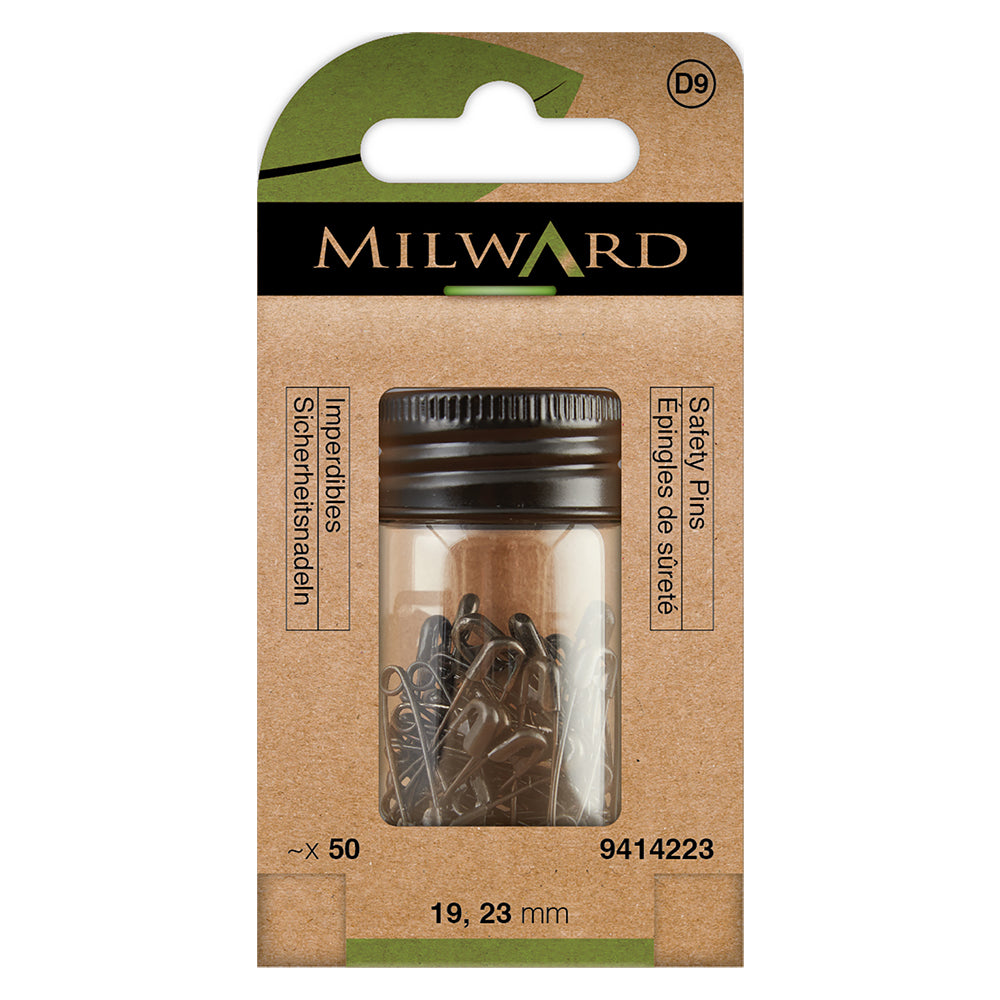 Box of small black safety pins