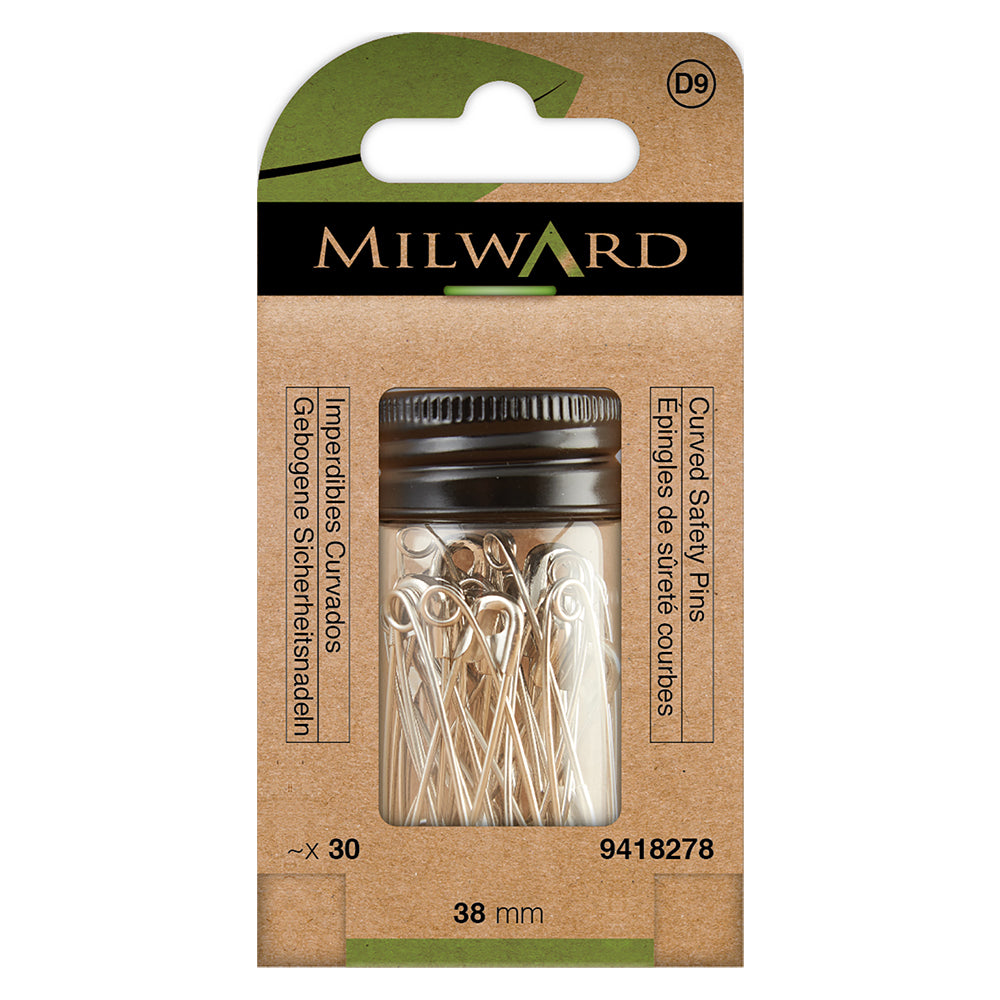 Box of curved nickel safety pins