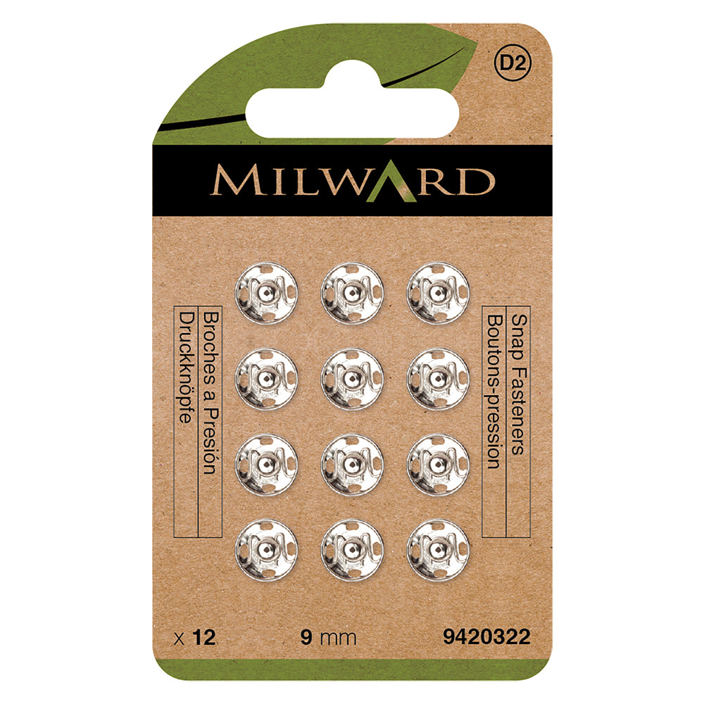 Card of nickel 9mm sew-on snap fasteners
