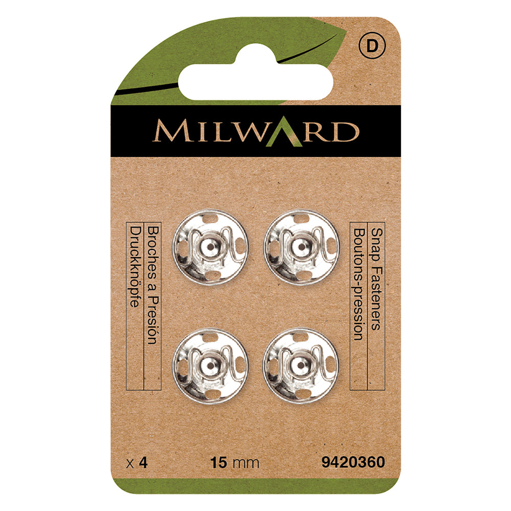 Card of nickel 15mm sew-on snap fasteners
