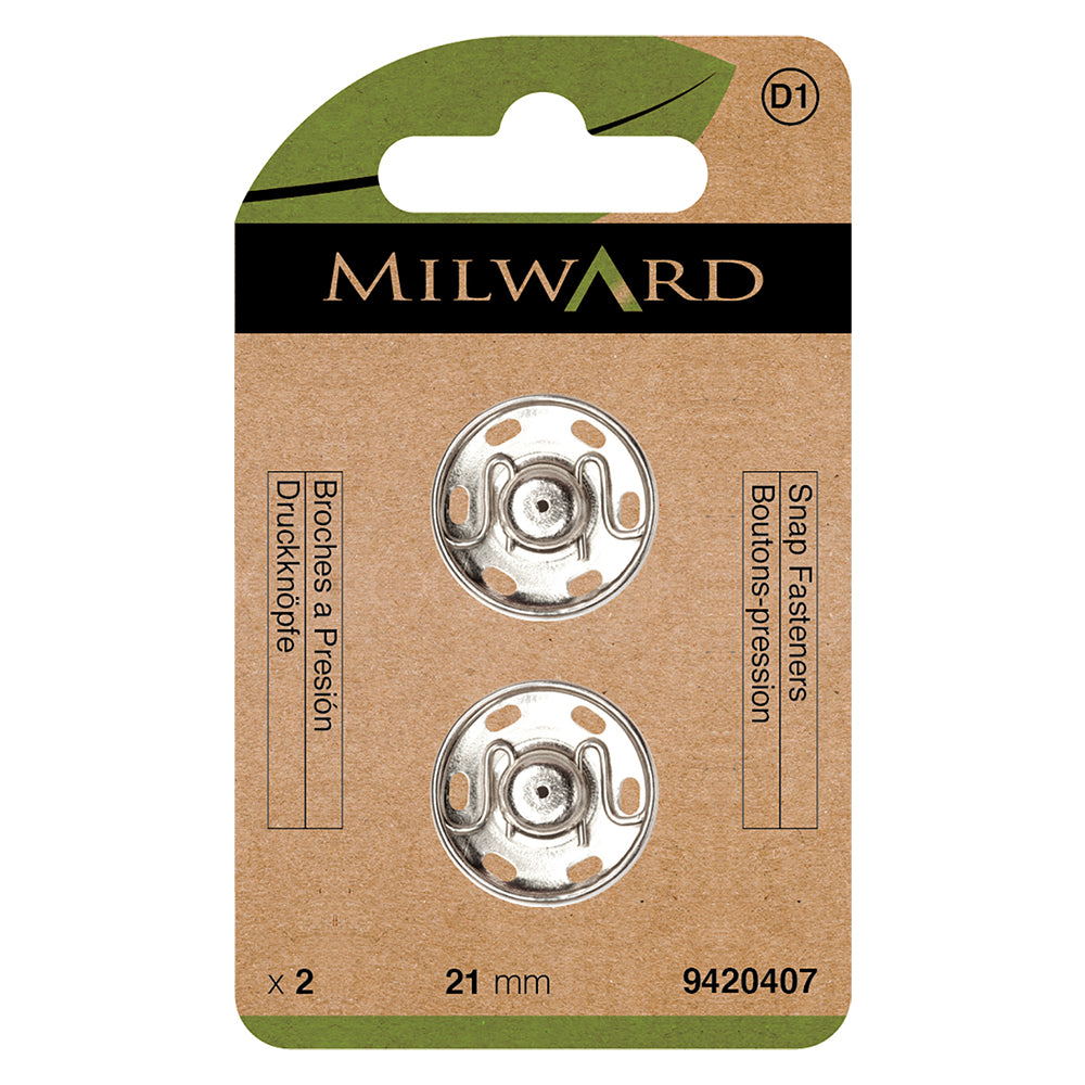Card of nickel 21mm sew-on snap fasteners