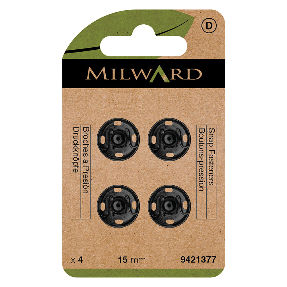 Card of black 15mm sew-on snap fasteners