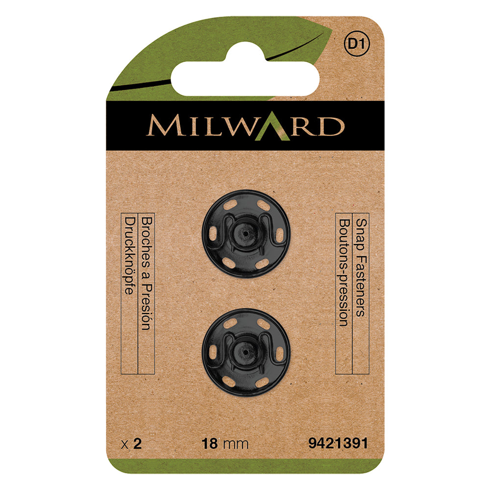 Card of 2 black 18mm sew-on snap fasteners