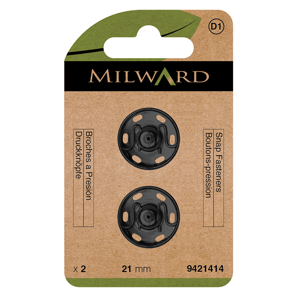 Card of 2 black 21mm sew-on snap fasteners