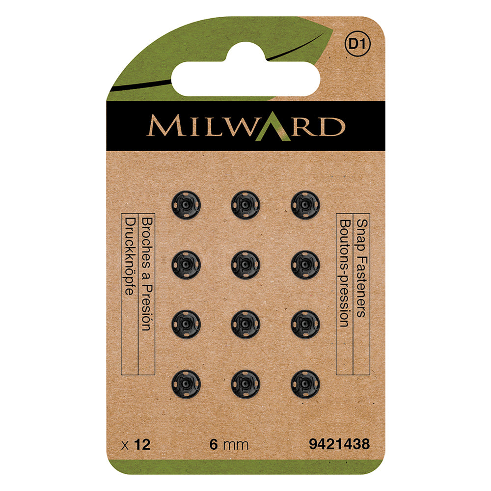 Card of 12 black 6mm sew-on snap fasteners