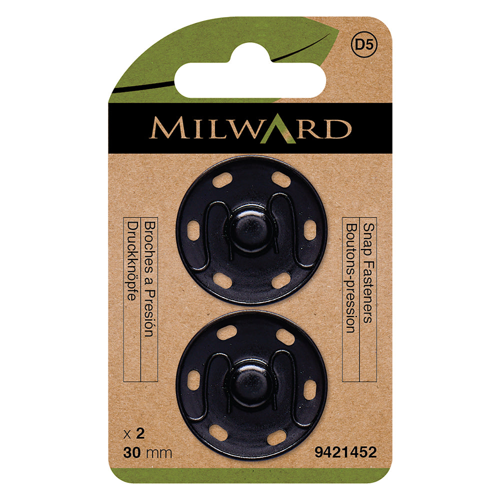 Card of 2 large black 30mm sew-on snap fasteners