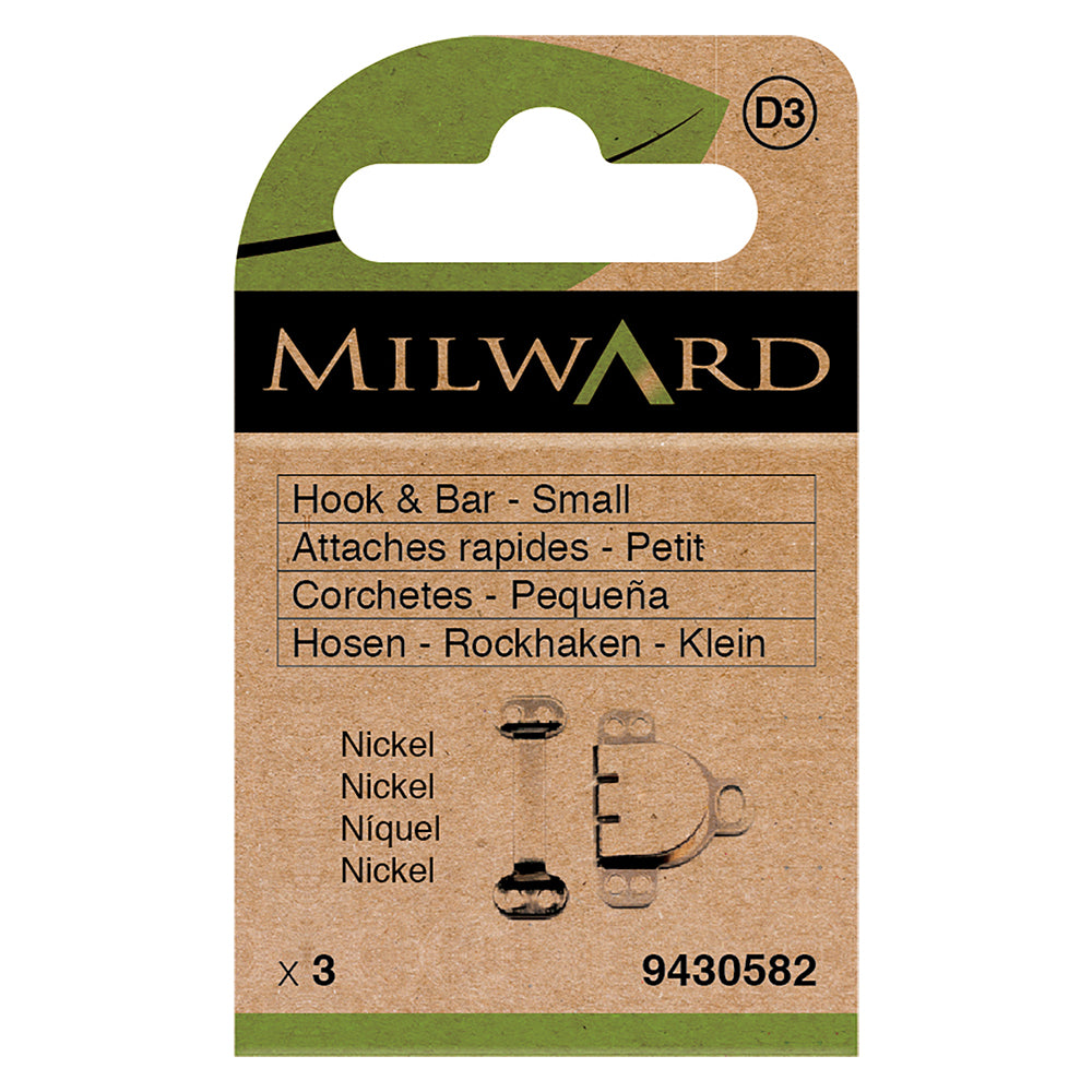 Card of 3 small nickel hook and bar fasteners