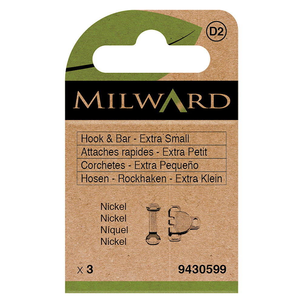 Card of 3 extra small nickel hook and bar fasteners