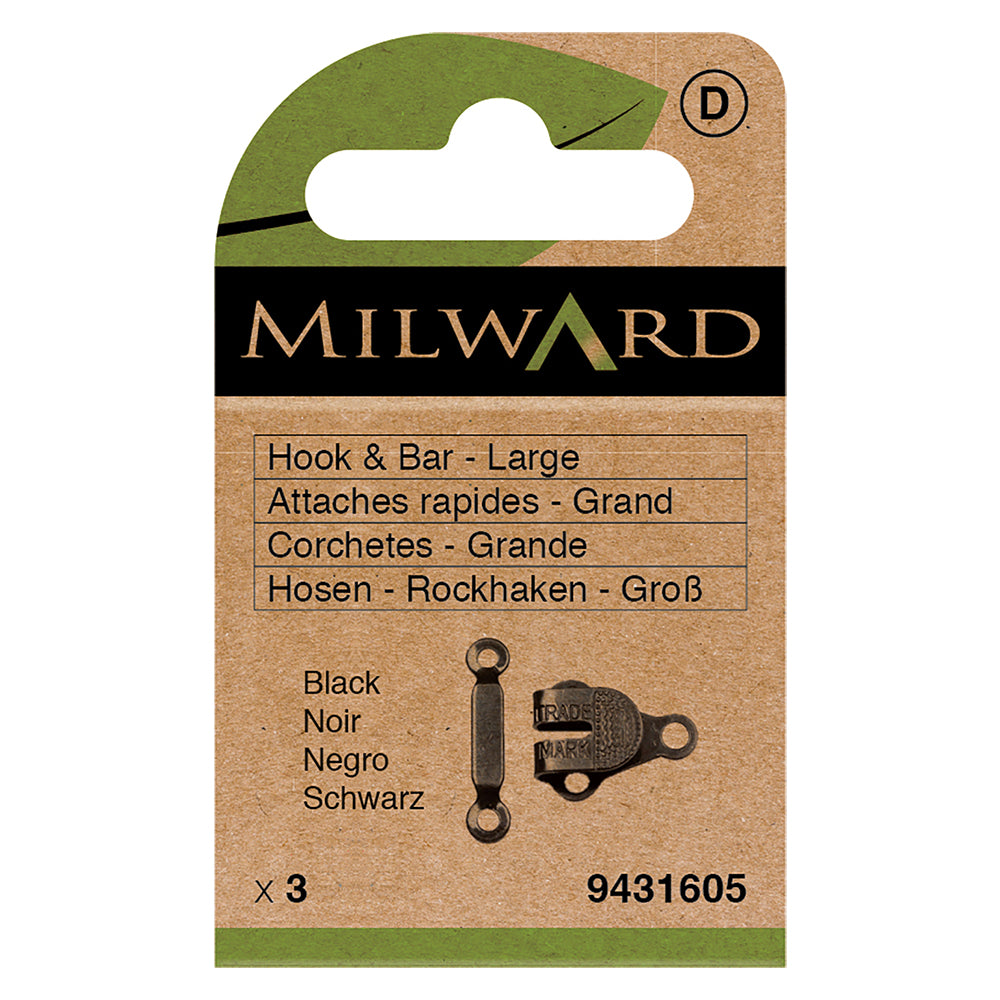 Card of 3 large black hook and bar fasteners