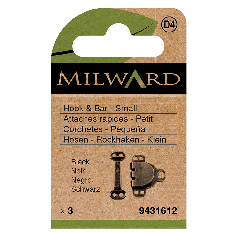 Card of 3 small black hook and bar fasteners