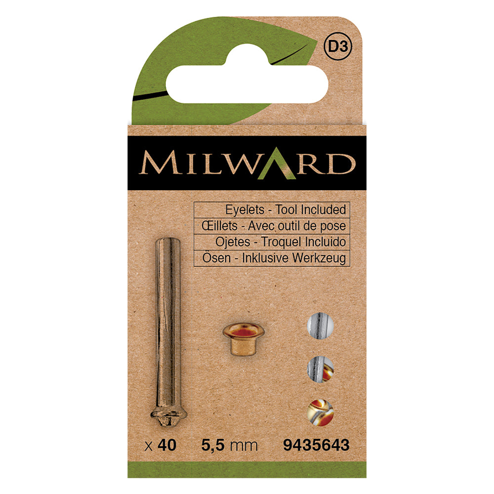 Pack of 40 gold 5.5mm eyelets with fitting tool
