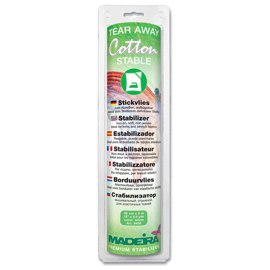 Madeira Cotton Stable iron-on tear-away embroidery stabiliser in retail packaging