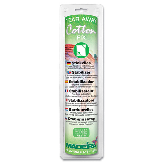 Madeira Cotton Fix paper-backed tear-away embroidery stabiliser in retail packaging