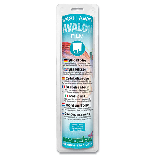 Madeira Avalon Film clear water-soluble film embroidery stabiliser in retail packaging