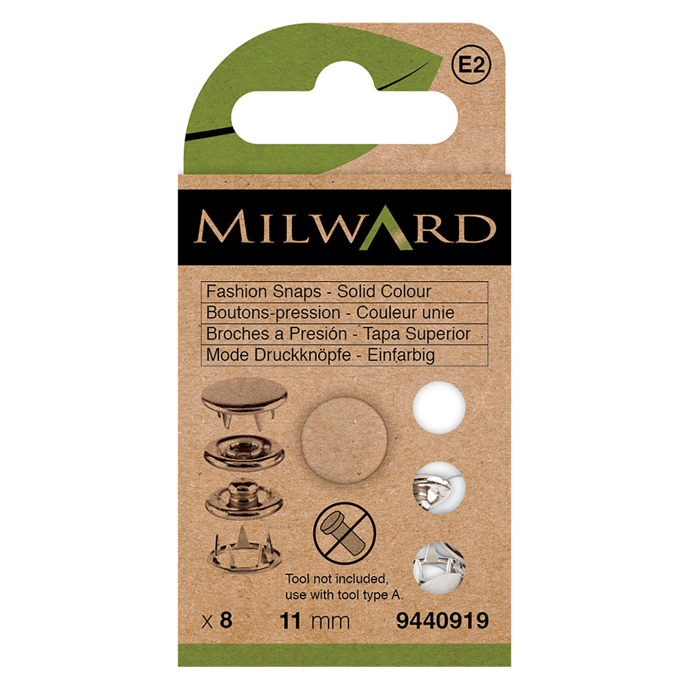 Pack of 8 white 11mm solid top snap fasteners