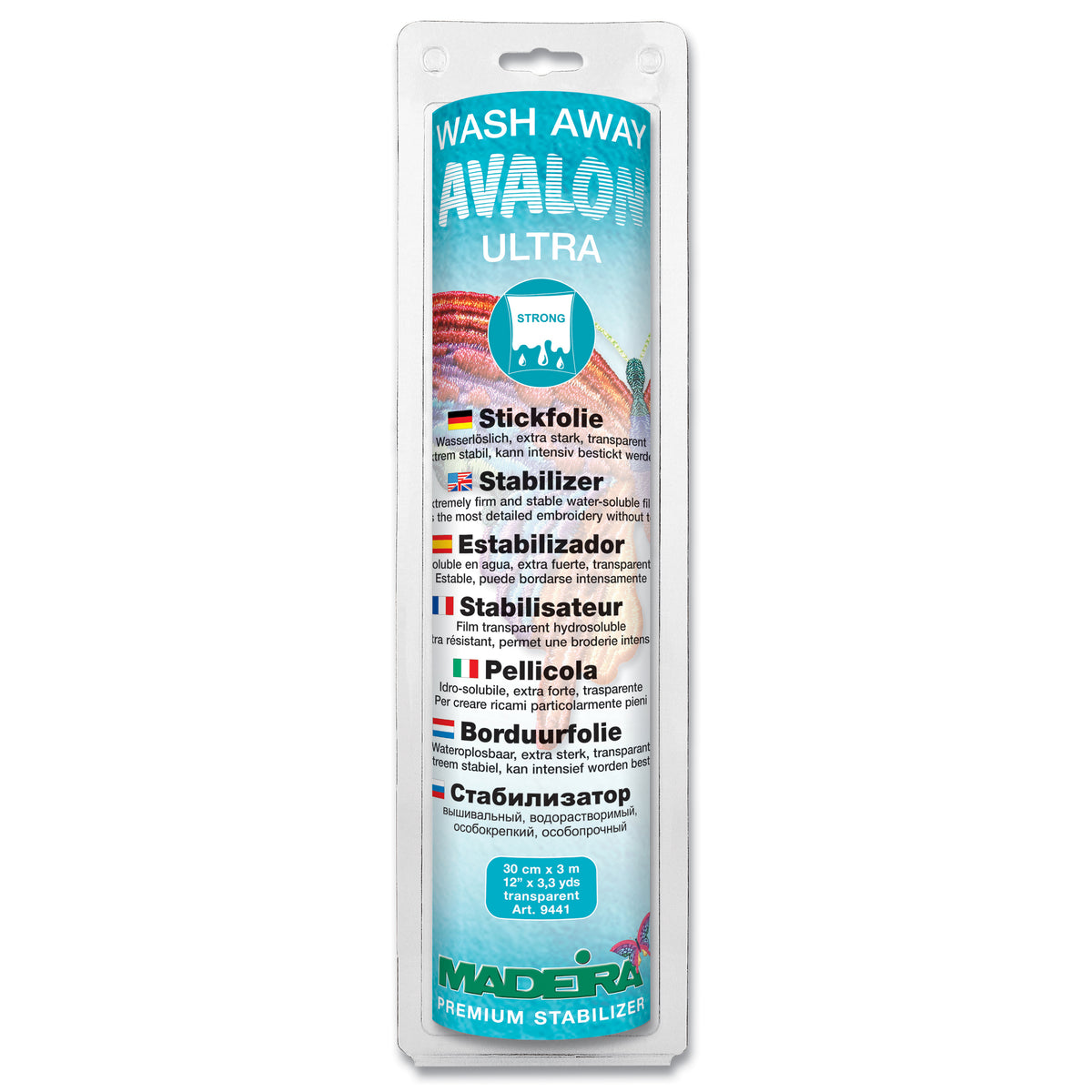 Madeira Avalon Ultra firm water-soluble film embroidery stabiliser in retail packaging