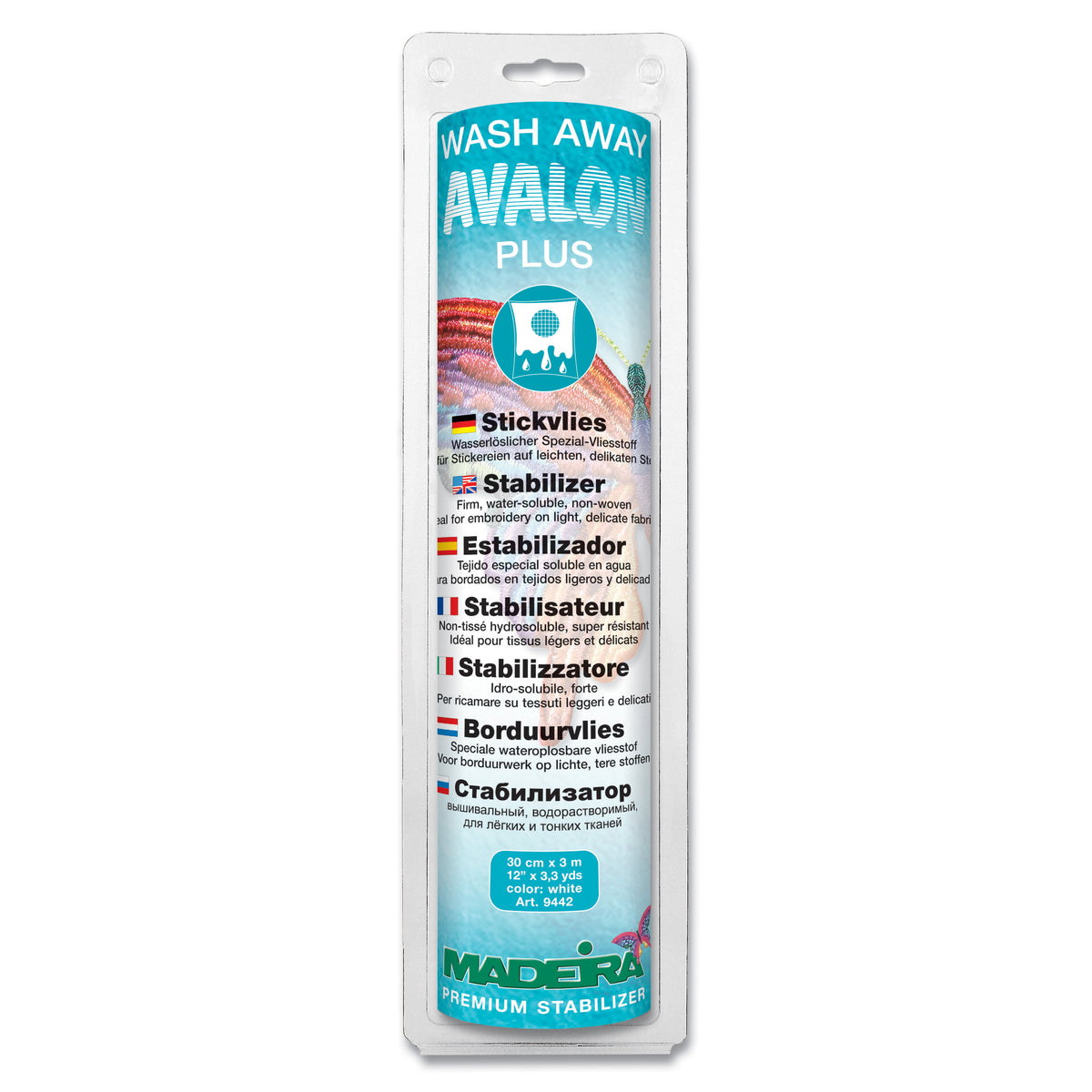 Madeira Avalon Plus water-soluble non-woven embroidery stabiliser in retail packaging