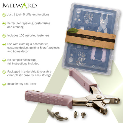 Milward 5-in-1 pliers set in clear carry case with assorted snaps and eyelets