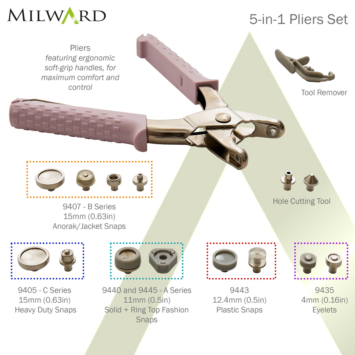 Milward 5-in-1 pliers set in clear carry case with assorted snaps and eyelets