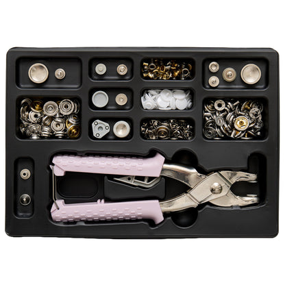 Milward 5-in-1 pliers set in clear carry case with assorted snaps and eyelets