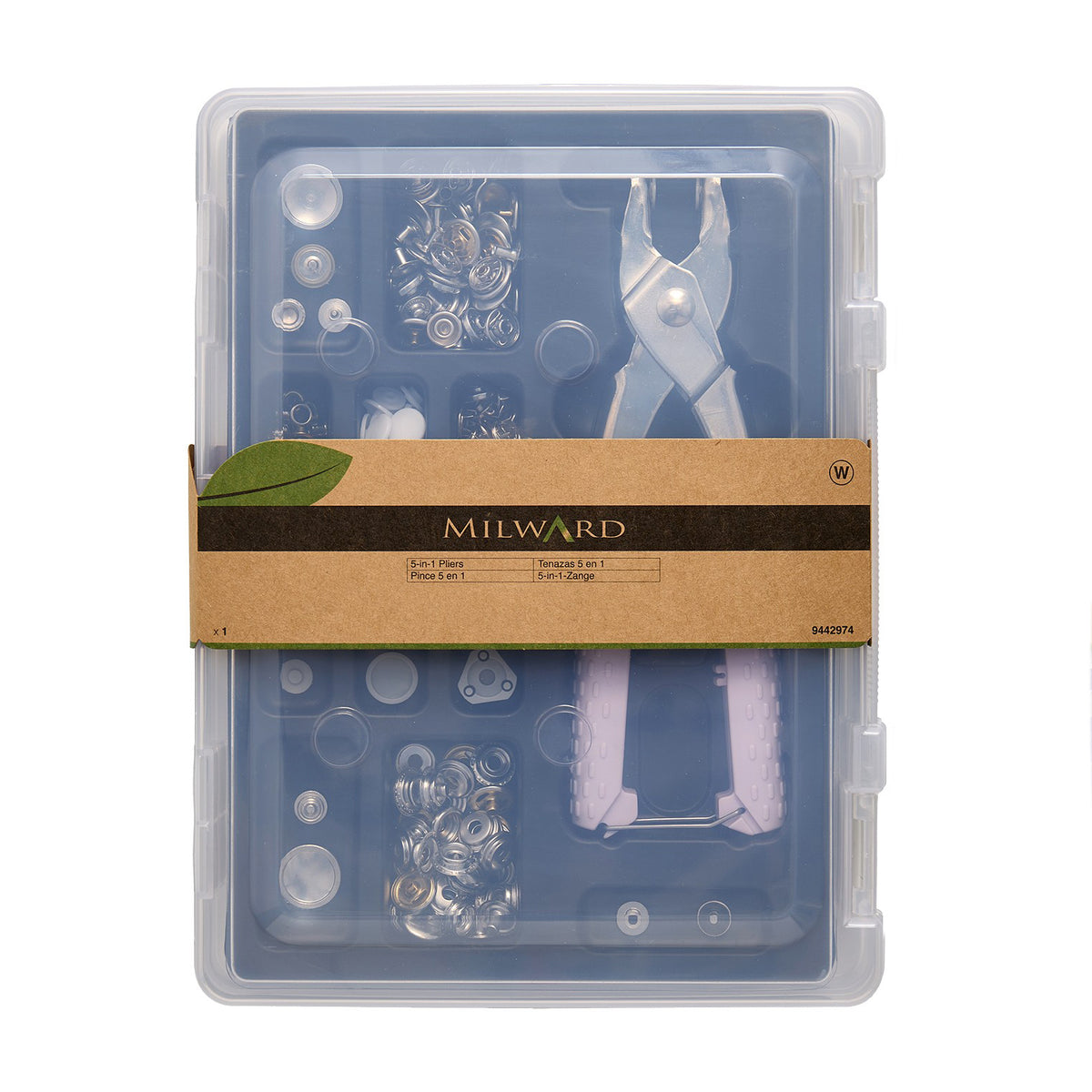 Milward 5-in-1 pliers set in clear carry case with assorted snaps and eyelets