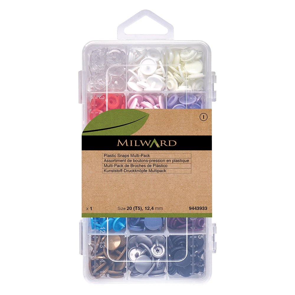 Clear storage box of multicoloured plastic snaps