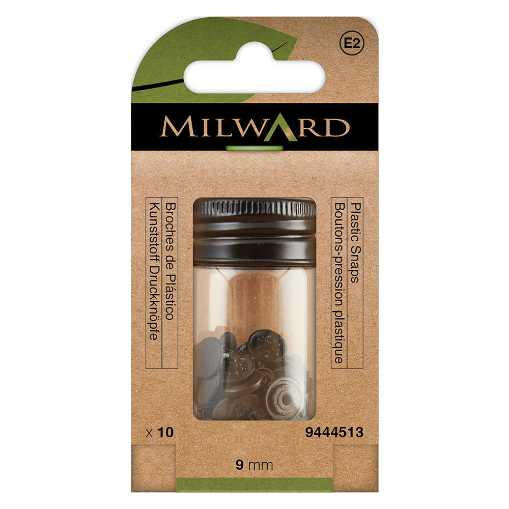 Black 9mm plastic snap fasteners in a pack