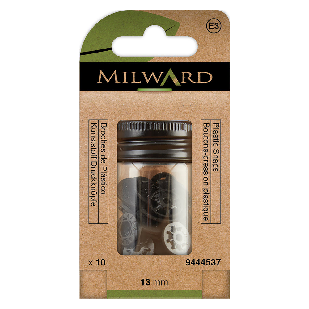 Black 13mm plastic snap fasteners in a pack