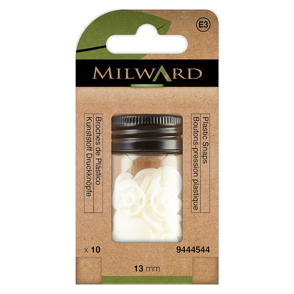 White 13mm plastic snap fasteners in a pack