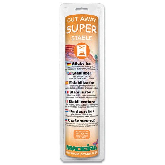 Madeira Super Stable iron-on cut-away embroidery stabiliser in retail packaging