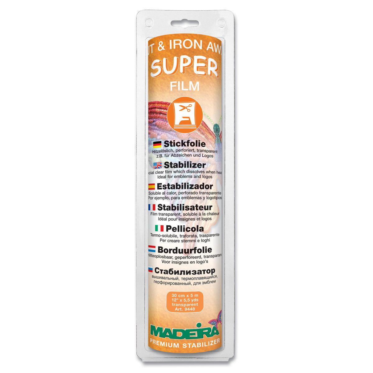Madeira Super Film heat-dissolvable film embroidery stabiliser in retail packaging