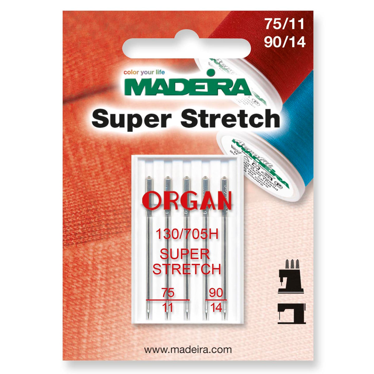 Card of Madeira super stretch machine needles in two sizes